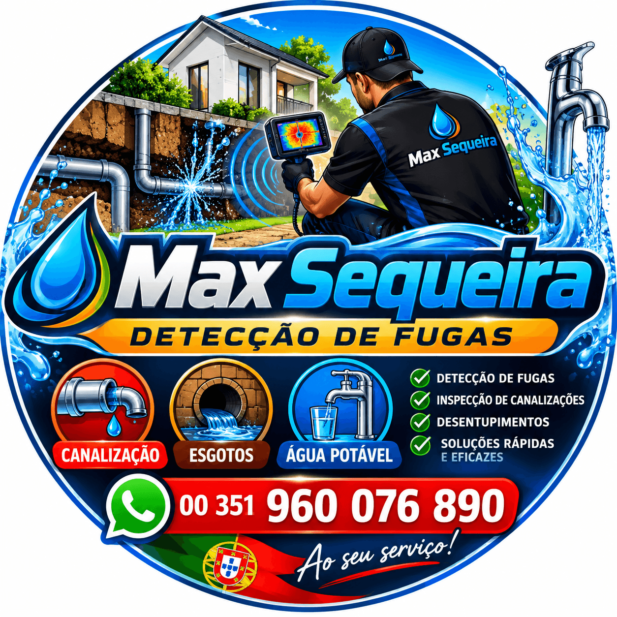 Logótipo original Max Sequeira, com o profissional, os serviços de deteção de fugas e o contacto